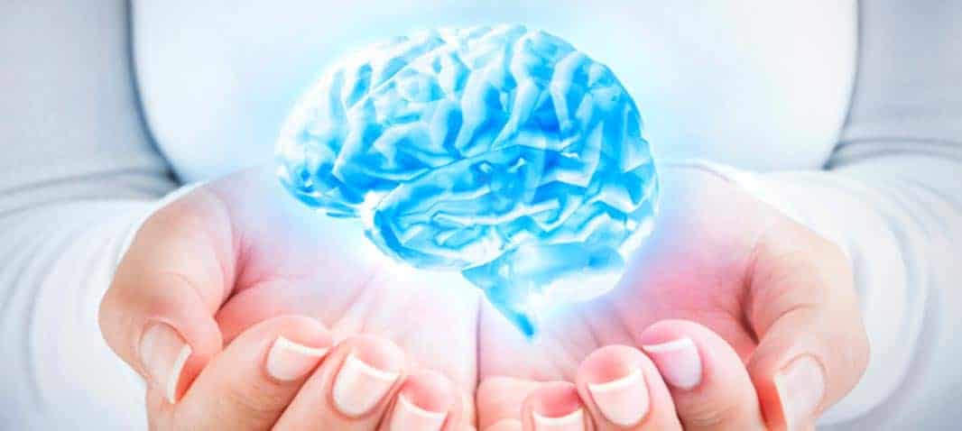 blue glowing brain in hands image